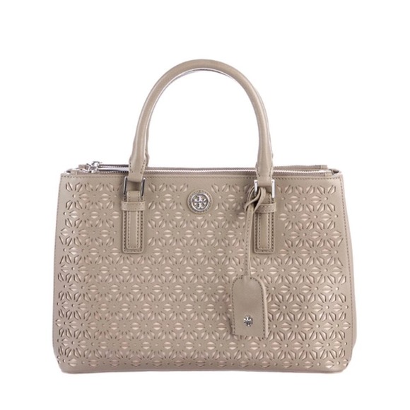 Tory Burch Handbags - Tory Burch Robinson Laser Cut Satchel Bag Taupe